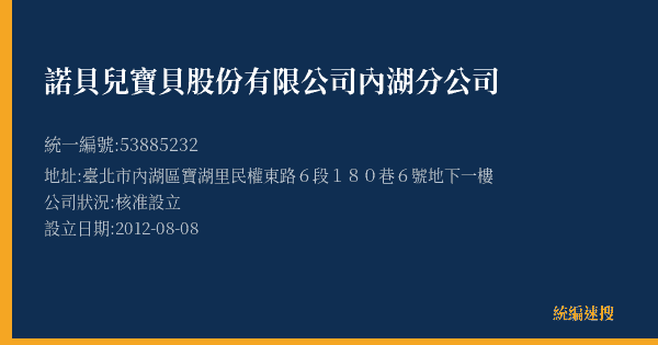 諾貝兒寶貝股份有限公司內湖分公司的照片-統編 53885232(臺北市) 公司登記資料與營業項目詳細圖表
