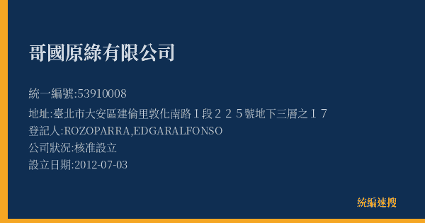 哥國原綠有限公司的照片-統編 53910008(臺北市) 公司登記資料與營業項目詳細圖表