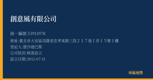 創意風有限公司的照片-統編 53911978(臺北市) 公司登記資料與營業項目詳細圖表