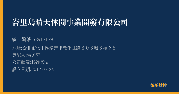 峇里島晴天休閒事業開發有限公司的照片-統編 53917179(臺北市) 公司登記資料與營業項目詳細圖表