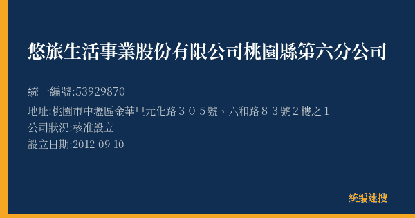 悠旅生活事業股份有限公司桃園縣第六分公司的照片-統編 53929870(桃園市) 公司登記資料與營業項目詳細圖表