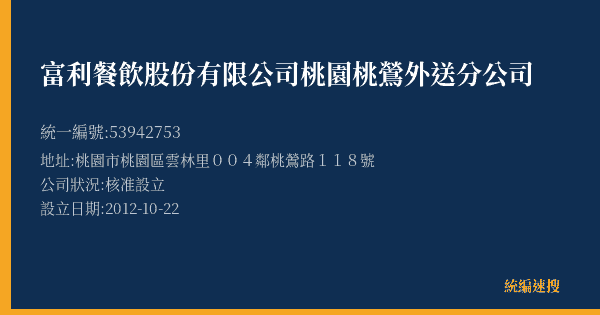 富利餐飲股份有限公司桃園桃鶯外送分公司的照片-統編 53942753(桃園市) 公司登記資料與營業項目詳細圖表