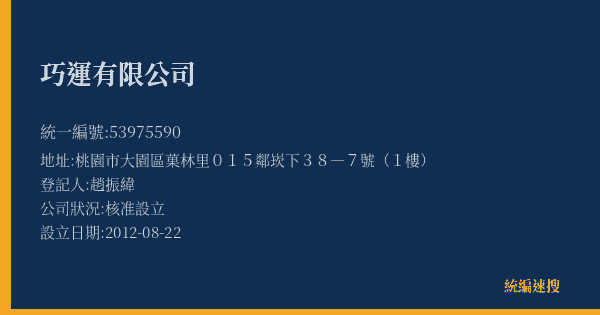 巧運有限公司的照片-統編 53975590(桃園市) 公司登記資料與營業項目詳細圖表