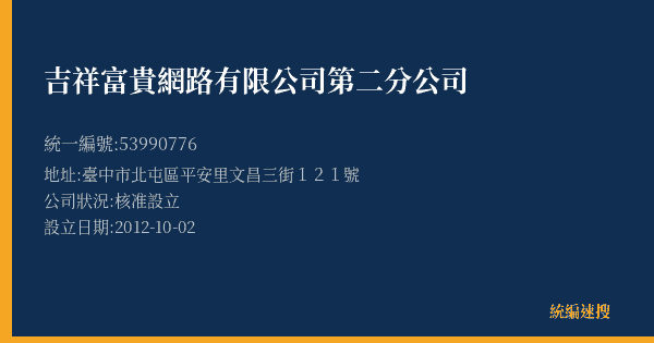 吉祥富貴網路有限公司第二分公司的照片-統編 53990776(臺中市) 公司登記資料與營業項目詳細圖表