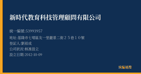 新時代教育科技管理顧問有限公司的照片-統編 53993957(基隆市) 公司登記資料與營業項目詳細圖表