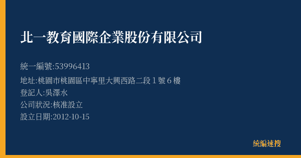 北一教育國際企業股份有限公司的照片-統編 53996413(桃園市) 公司登記資料與營業項目詳細圖表