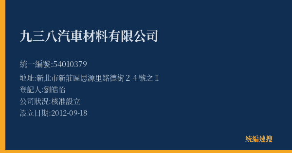 九三八汽車材料有限公司的照片-統編 54010379(新北市) 公司登記資料與營業項目詳細圖表