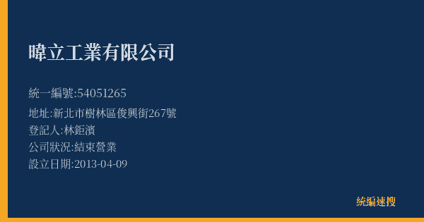 暐立工業有限公司的照片-統編 54051265(新北市) 公司登記資料與營業項目詳細圖表