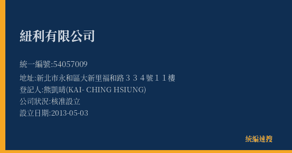 紐利有限公司的照片-統編 54057009(新北市) 公司登記資料與營業項目詳細圖表