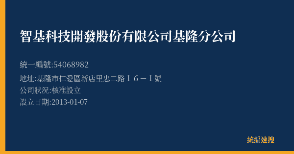智基科技開發股份有限公司基隆分公司的照片-統編 54068982(基隆市) 公司登記資料與營業項目詳細圖表