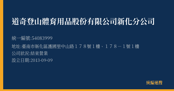 道奇登山體育用品股份有限公司新化分公司的照片-統編 54083999(臺南市) 公司登記資料與營業項目詳細圖表