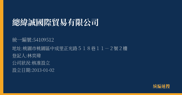 總緯誠國際貿易有限公司的照片-統編 54109512(桃園市) 公司登記資料與營業項目詳細圖表
