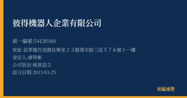 彼得機器人企業有限公司的照片-統編 54120360(苗栗縣) 公司登記資料與營業項目詳細圖表
