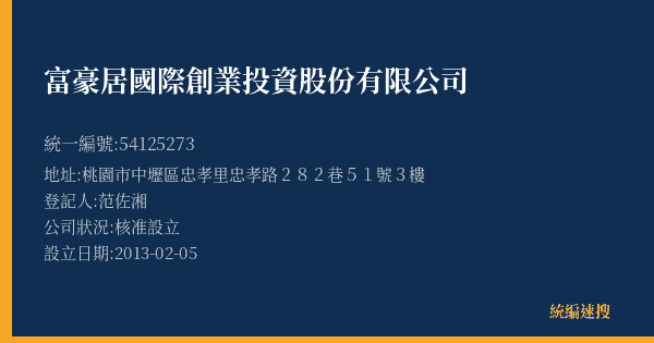 富豪居國際創業投資股份有限公司的照片-統編 54125273(桃園市) 公司登記資料與營業項目詳細圖表