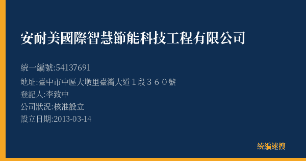 安耐美國際智慧節能科技工程有限公司的照片-統編 54137691(臺中市) 公司登記資料與營業項目詳細圖表