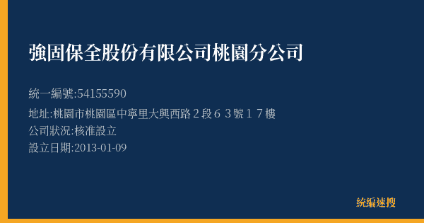 強固保全股份有限公司桃園分公司的照片-統編 54155590(桃園市) 公司登記資料與營業項目詳細圖表