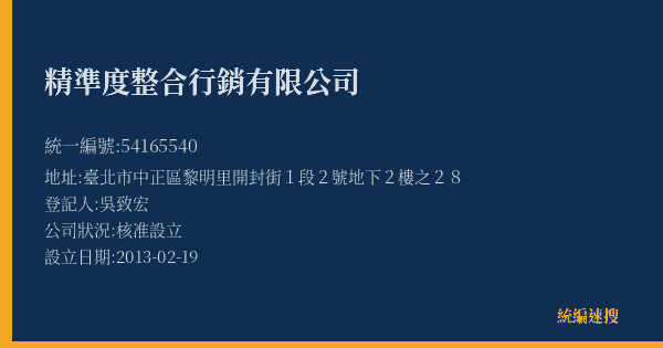 精準度整合行銷有限公司的照片-統編 54165540(臺北市) 公司登記資料與營業項目詳細圖表