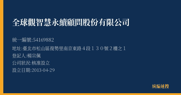 全球觀智慧永續顧問股份有限公司的照片-統編 54169882(臺北市) 公司登記資料與營業項目詳細圖表