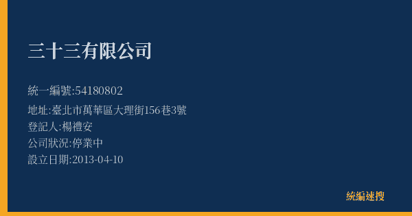 三十三有限公司的照片-統編 54180802(臺北市) 公司登記資料與營業項目詳細圖表