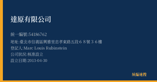 達原有限公司的照片-統編 54186762(臺北市) 公司登記資料與營業項目詳細圖表