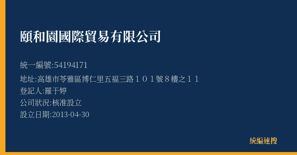 頤和園國際貿易有限公司的照片-統編 54194171(高雄市) 公司登記資料與營業項目詳細圖表