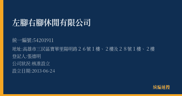 左腳右腳休閒有限公司的照片-統編 54201911(高雄市) 公司登記資料與營業項目詳細圖表