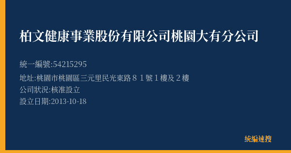 柏文健康事業股份有限公司桃園大有分公司的照片-統編 54215295(桃園市) 公司登記資料與營業項目詳細圖表