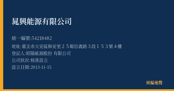 晁興能源有限公司的照片-統編 54218482(臺北市) 公司登記資料與營業項目詳細圖表