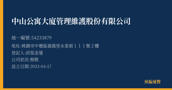 中山公寓大廈管理維護股份有限公司的照片-統編 54233879(桃園市) 公司登記資料與營業項目詳細圖表