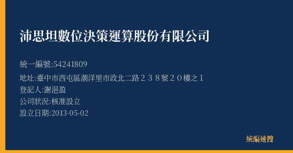 沛思坦數位決策運算股份有限公司的照片-統編 54241809(臺中市) 公司登記資料與營業項目詳細圖表