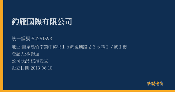 鈞雁國際有限公司的照片-統編 54251593(苗栗縣) 公司登記資料與營業項目詳細圖表