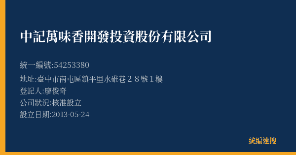 中記萬味香開發投資股份有限公司的照片-統編 54253380(臺中市) 公司登記資料與營業項目詳細圖表