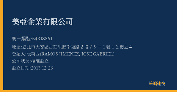 美亞企業有限公司的照片-統編 54318861(臺北市) 公司登記資料與營業項目詳細圖表