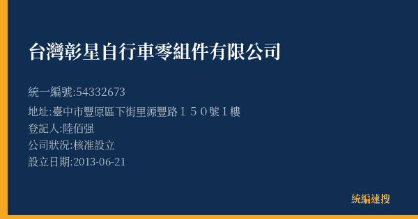 台灣彰星自行車零組件有限公司的照片-統編 54332673(臺中市) 公司登記資料與營業項目詳細圖表