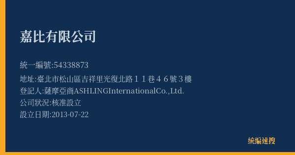 嘉比有限公司的照片-統編 54338873(臺北市) 公司登記資料與營業項目詳細圖表