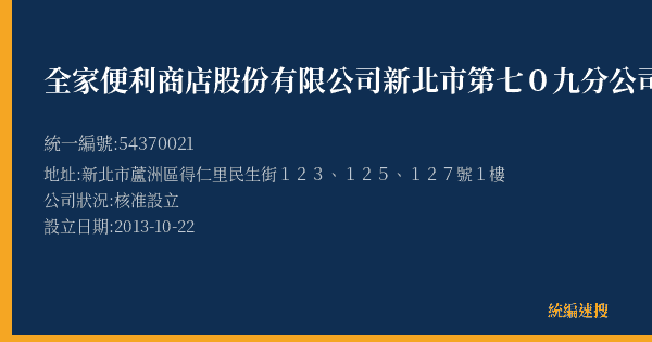 全家便利商店股份有限公司新北市第七0九分公司的照片-統編 54370021(新北市) 公司登記資料與營業項目詳細圖表
