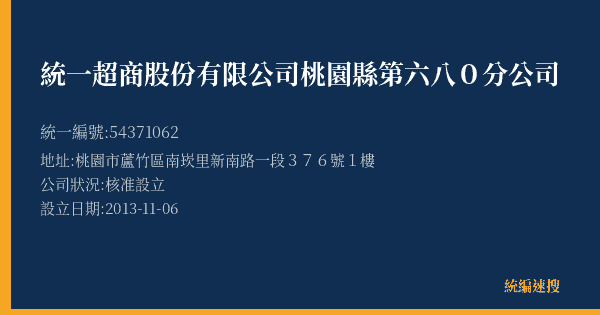 統一超商股份有限公司桃園縣第六八0分公司的照片-統編 54371062(桃園市) 公司登記資料與營業項目詳細圖表