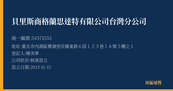 貝里斯商格蘭思達特有限公司台灣分公司的照片-統編 54371555(臺北市) 公司登記資料與營業項目詳細圖表