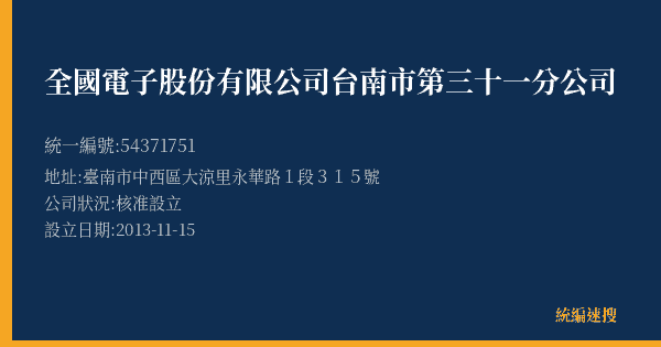 全國電子股份有限公司台南市第三十一分公司的照片-統編 54371751(臺南市) 公司登記資料與營業項目詳細圖表
