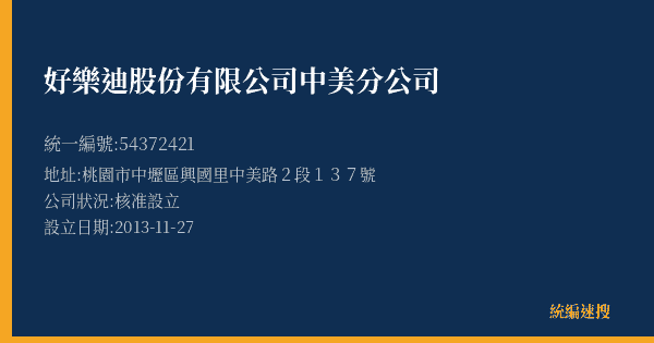 好樂迪股份有限公司中美分公司的照片-統編 54372421(桃園市) 公司登記資料與營業項目詳細圖表