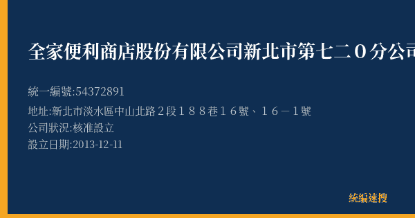 全家便利商店股份有限公司新北市第七二0分公司的照片-統編 54372891(新北市) 公司登記資料與營業項目詳細圖表