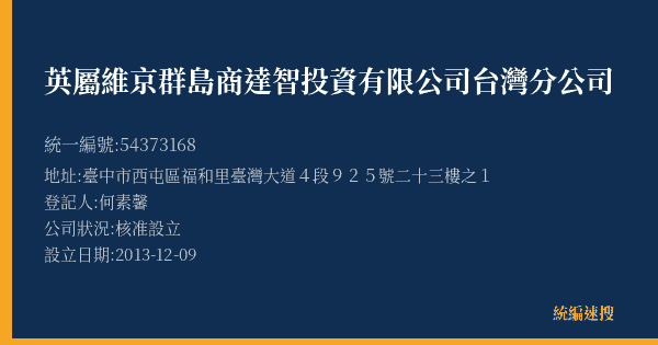 英屬維京群島商達智投資有限公司台灣分公司的照片-統編 54373168(臺中市) 公司登記資料與營業項目詳細圖表