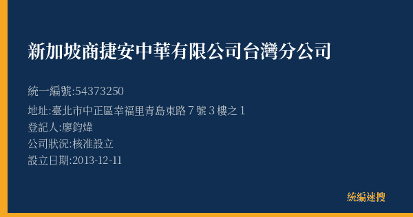 新加坡商捷安中華有限公司台灣分公司的照片-統編 54373250(臺北市) 公司登記資料與營業項目詳細圖表