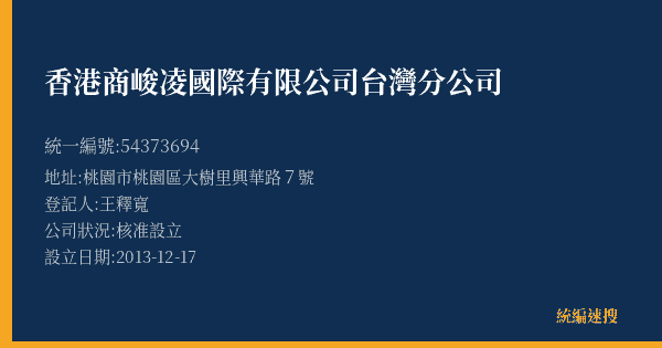 香港商峻凌國際有限公司台灣分公司的照片-統編 54373694(桃園市) 公司登記資料與營業項目詳細圖表
