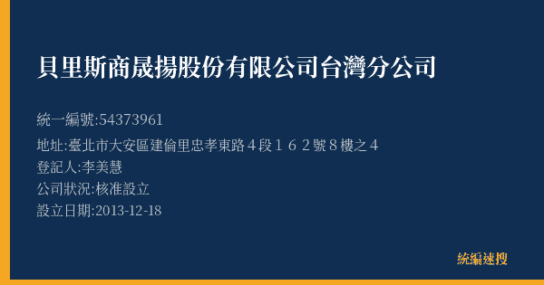貝里斯商晟揚股份有限公司台灣分公司的照片-統編 54373961(臺北市) 公司登記資料與營業項目詳細圖表
