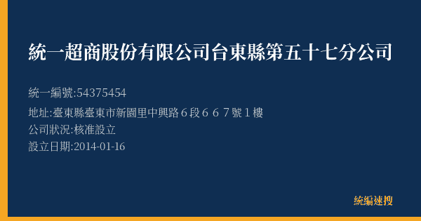 統一超商股份有限公司台東縣第五十七分公司的照片-統編 54375454(臺東縣) 公司登記資料與營業項目詳細圖表