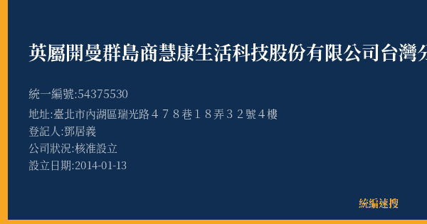英屬開曼群島商慧康生活科技股份有限公司台灣分公司的照片-統編 54375530(臺北市) 公司登記資料與營業項目詳細圖表