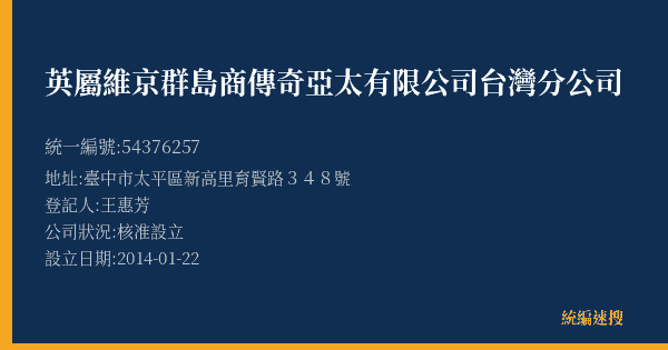 英屬維京群島商傳奇亞太有限公司台灣分公司的照片-統編 54376257(臺中市) 公司登記資料與營業項目詳細圖表