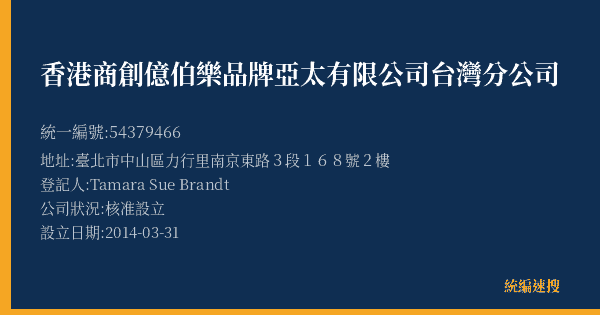 香港商創億伯樂品牌亞太有限公司台灣分公司的照片-統編 54379466(臺北市) 公司登記資料與營業項目詳細圖表