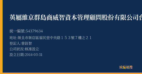英屬維京群島商威智資本管理顧問股份有限公司台灣分公司的照片-統編 54379634(新北市) 公司登記資料與營業項目詳細圖表